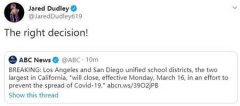 加州将关闭洛杉矶学区和圣地亚哥学区，杜德利转推支持